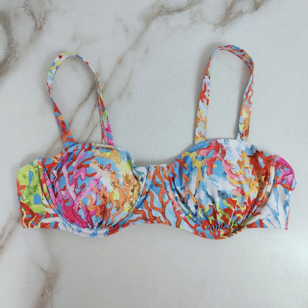 Fancy Boutique Multicolor Tropical Print Shirred Padded Underwire Bikini Top, L